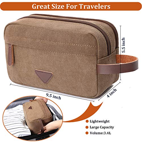 Mactso Mens Travel Toiletry Bag Canvas Leather Cosmetic Makeup Organizer Shaving Dopp Kits with Double Compartments (Coffee) - Image 3
