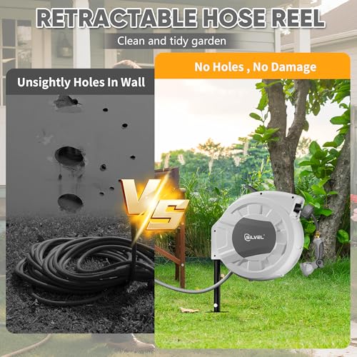 SILVEL Automatic Retractable Garden Hose Reel on Metal Spike, 1/2 in x 90FT Ground Mounted Outside, UV Resistant with 10 Pattern Nozzle, 360° Swivel, No Holes in Your House, Easy Installation - Image 3