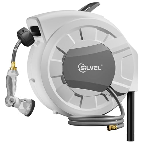 SILVEL Automatic Retractable Garden Hose Reel on Metal Spike, 1/2 in x 90FT Ground Mounted Outside, UV Resistant with 10 Pattern Nozzle, 360° Swivel, No Holes in Your House, Easy Installation - Image 1