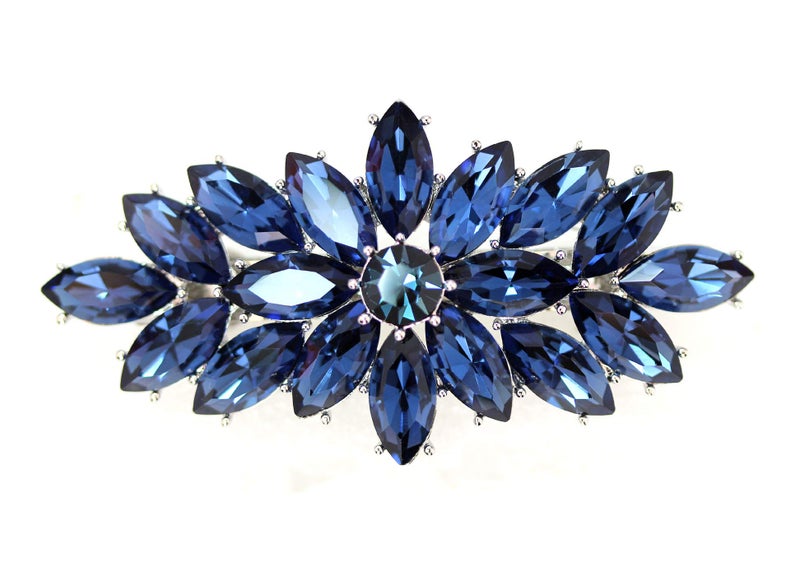 Faship Gorgeous Navy Blue Rhinestone Crystal Floral Hair Barrette Clip