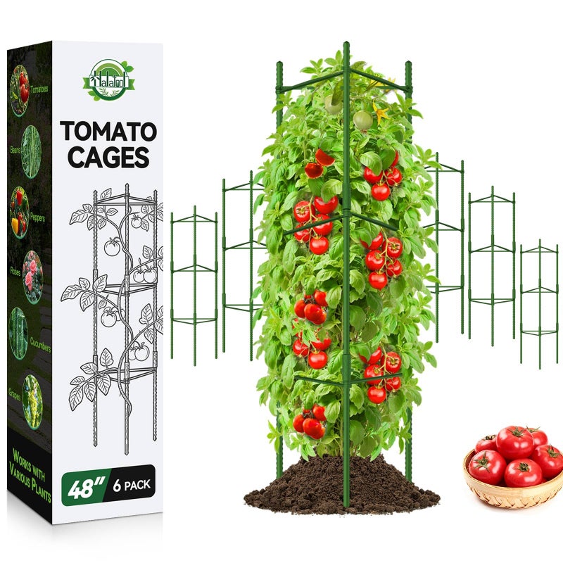 Halatool 6 Pack Tomato Cages for Garden Plant Support, Adjustable Garden Stakes for Potted Plants, Tomato Trellis for Climbing Vegetables Flowers Fruits Cucumber Eggplant Pepper Cherry, 48 Inch - Image 1