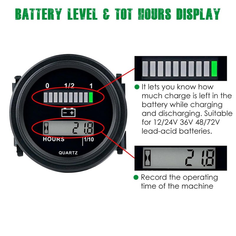 Yooreal 12/24V 36/48V 72V Golf Cart Battery Meter,Hour Meter&Battery Indicator Gauge Meter Lead-Acid Battery(Excluded Trojan),Charging Reminder,for Golf Cart Club Car RV Forklift Tractor ETC - Image 2