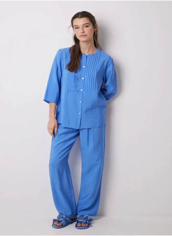 women'secret Long blue pleated satin pajama shirt