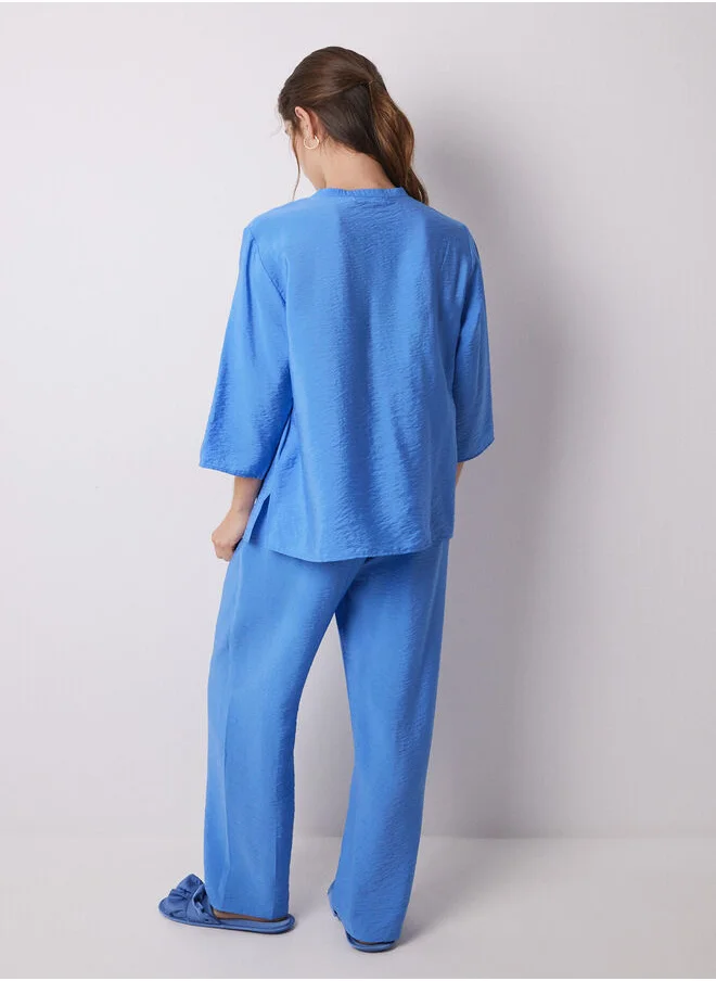 women'secret Long blue pleated satin pajama shirt
