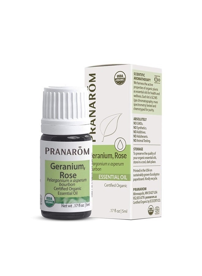 PRANAROM Rose Geranium Essential Oil (5ml) - 100% Pure Natural Therapeutic Grade Essential Oil for Aromatherapy and Skincare | USDA and ECOCERT Certified Organic - Image 1