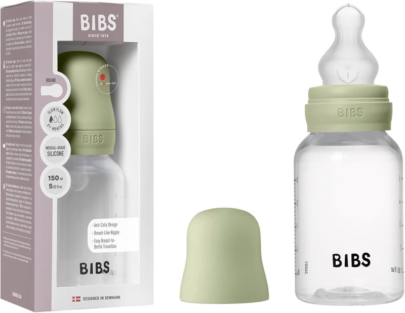 BIBS Baby Bottle 150 ml Silicone Teat - Baby Bottle Set Anti-Colic BPA Free Slow Flow Lightweight and Easy to Clean Suitable for Newborns from 0 Years - Sage - Image 1