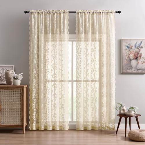FOLKSIDE Beige Lace Curtains 96 Inches Long 2 Panels Paisley Floral Sheer Curtains for Living Room Girls Bedroom Rod Pocket Light Filtering Shabby Chic Curtains Large Window Decor Vintage Drapes, 52x96 - Image 1