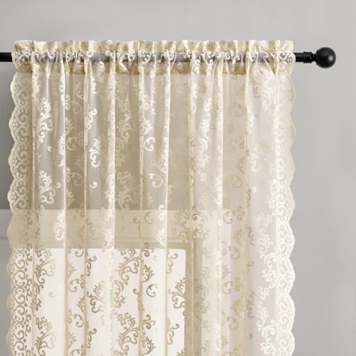 FOLKSIDE Beige Lace Curtains 96 Inches Long 2 Panels Paisley Floral Sheer Curtains for Living Room Girls Bedroom Rod Pocket Light Filtering Shabby Chic Curtains Large Window Decor Vintage Drapes, 52x96 - Image 2