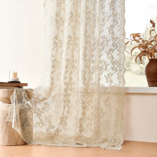 FOLKSIDE Beige Lace Curtains 96 Inches Long 2 Panels Paisley Floral Sheer Curtains for Living Room Girls Bedroom Rod Pocket Light Filtering Shabby Chic Curtains Large Window Decor Vintage Drapes, 52x96 - Image 5
