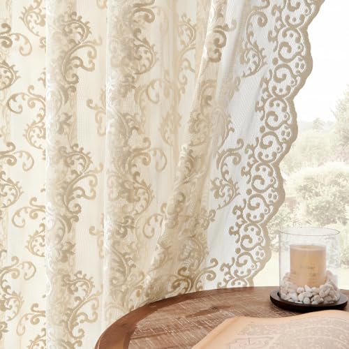 FOLKSIDE Beige Lace Curtains 96 Inches Long 2 Panels Paisley Floral Sheer Curtains for Living Room Girls Bedroom Rod Pocket Light Filtering Shabby Chic Curtains Large Window Decor Vintage Drapes, 52x96 - Image 3