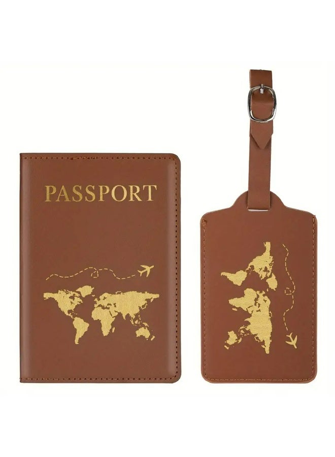 Kandid Travel Passport Holder and Luggage Tag Set, Faux Leather, Classic Style, Unisex (BROWN SET) - Image 1