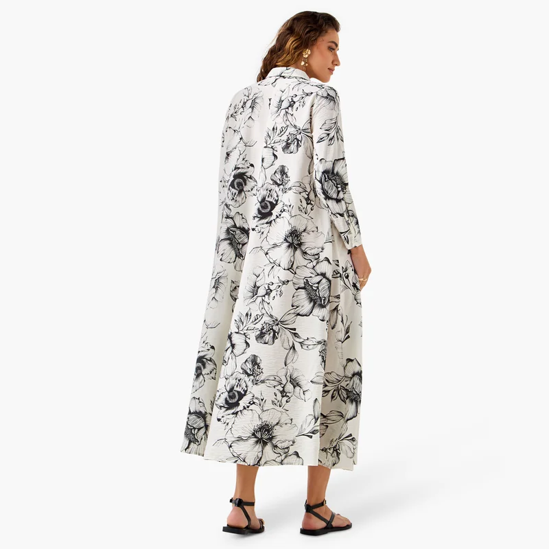 Iconic Iconic Floral Print Trapeze Maxi Dress with Collar and Long Sleeves