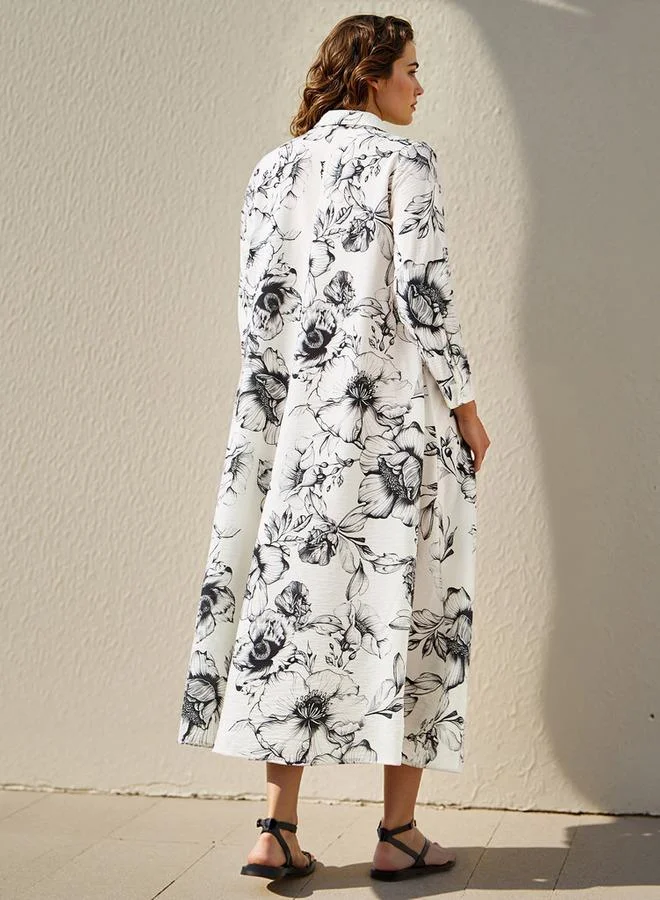 Iconic Iconic Floral Print Trapeze Maxi Dress with Collar and Long Sleeves