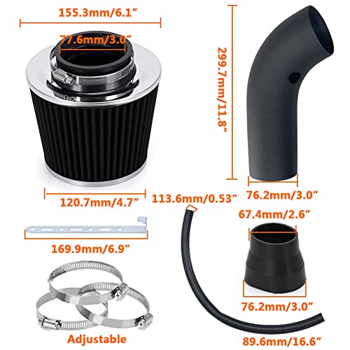 MOOSUN 3" Universal Cold Air Intake Kit Intake Pipe Kit Aluminium Automotive Air Intake Air Filter Induction Flow Hose Pipe Kit Black Filter - Image 4