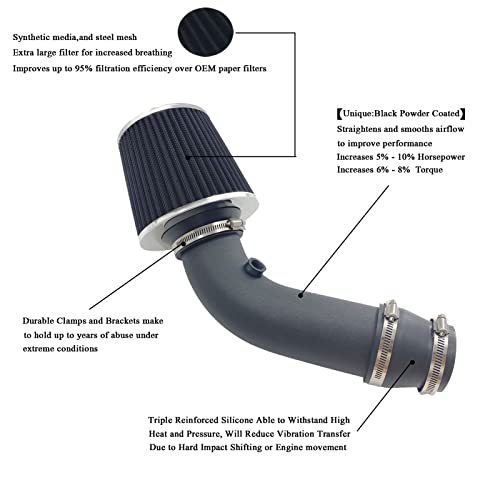 MOOSUN 3" Universal Cold Air Intake Kit Intake Pipe Kit Aluminium Automotive Air Intake Air Filter Induction Flow Hose Pipe Kit Black Filter - Image 2