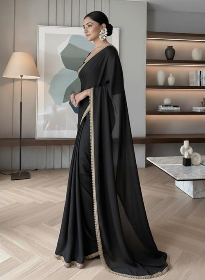 Yashika Women's Organza Satin Saree with Blouse Piece for Traditional Ethinic Wear Sari For Women|Black - Image 3