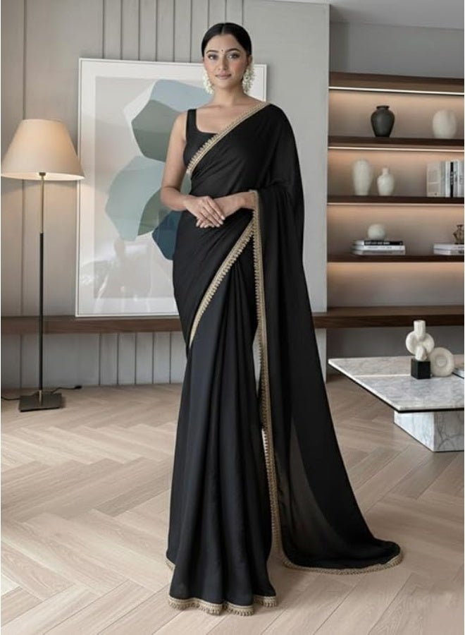 Yashika Women's Organza Satin Saree with Blouse Piece for Traditional Ethinic Wear Sari For Women|Black - Image 4