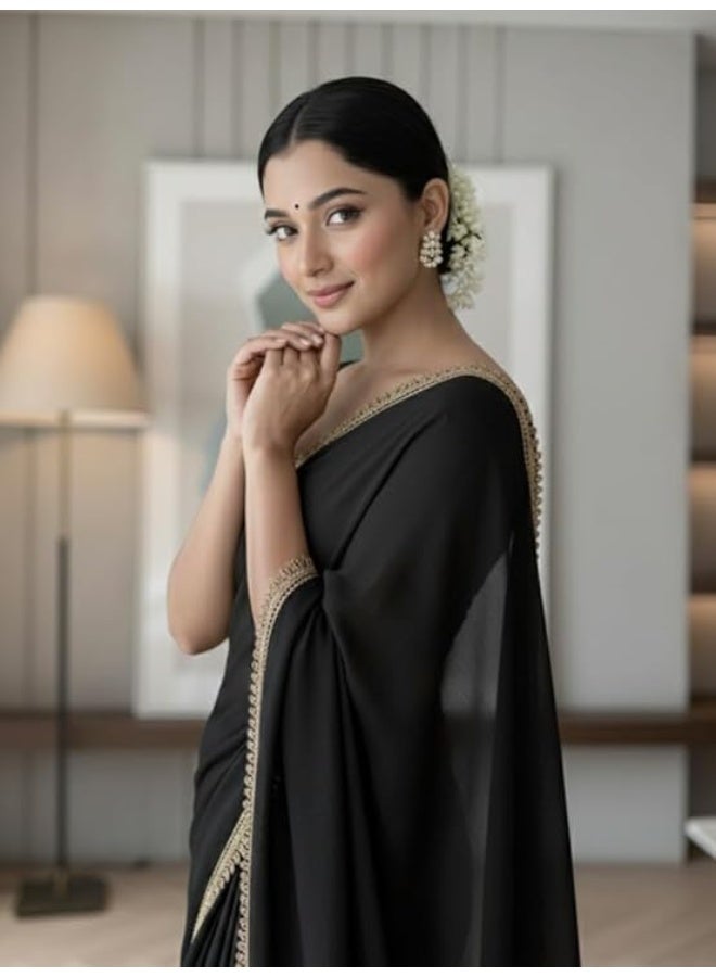 Yashika Women's Organza Satin Saree with Blouse Piece for Traditional Ethinic Wear Sari For Women|Black - Image 2