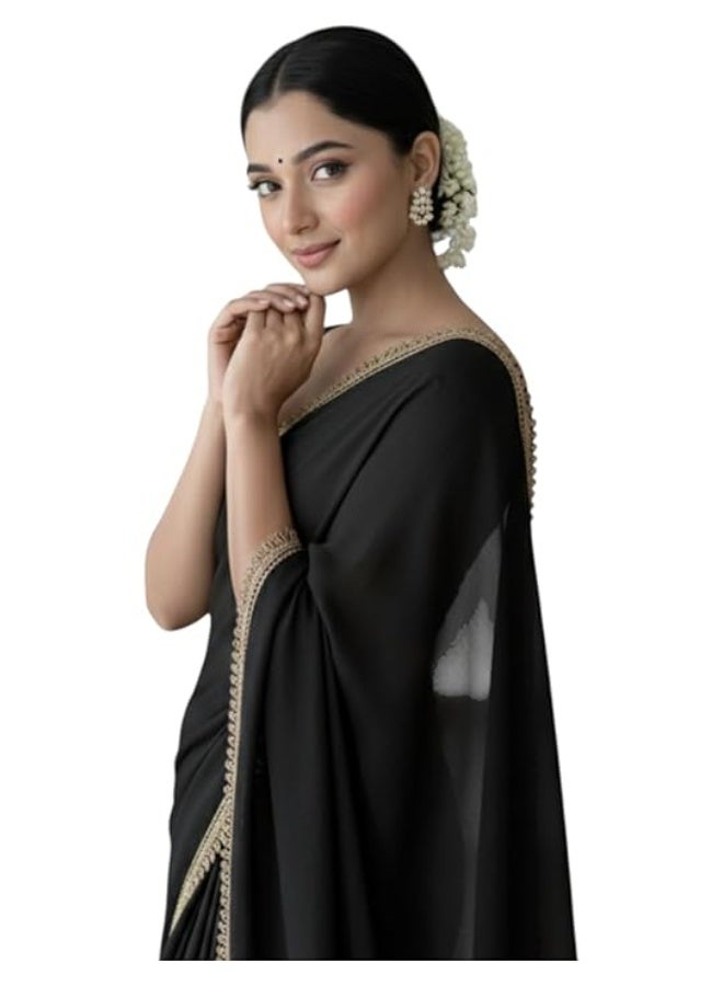 Yashika Women's Organza Satin Saree with Blouse Piece for Traditional Ethinic Wear Sari For Women|Black - Image 1