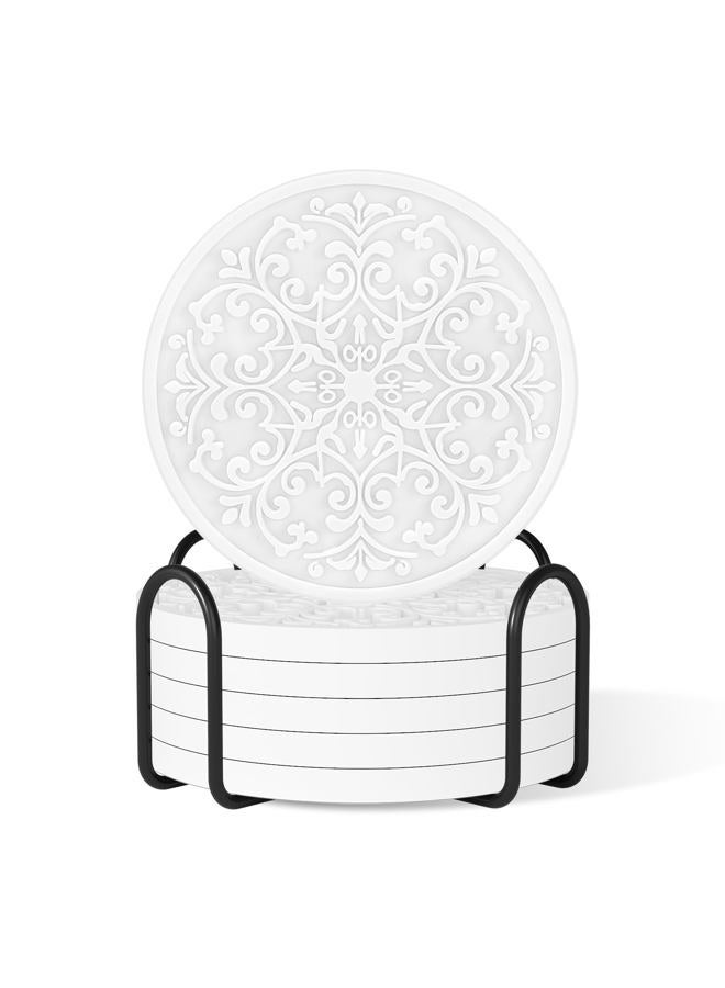 Aiawoxc Drink Coasters, Coasters Set of 6 for Cup with Holder, Non-Slip Silicone Cup Mats for Hot and Cold Drinks, Cute Absorbent Coffee Bar Accessories Table Decor, White - Image 1