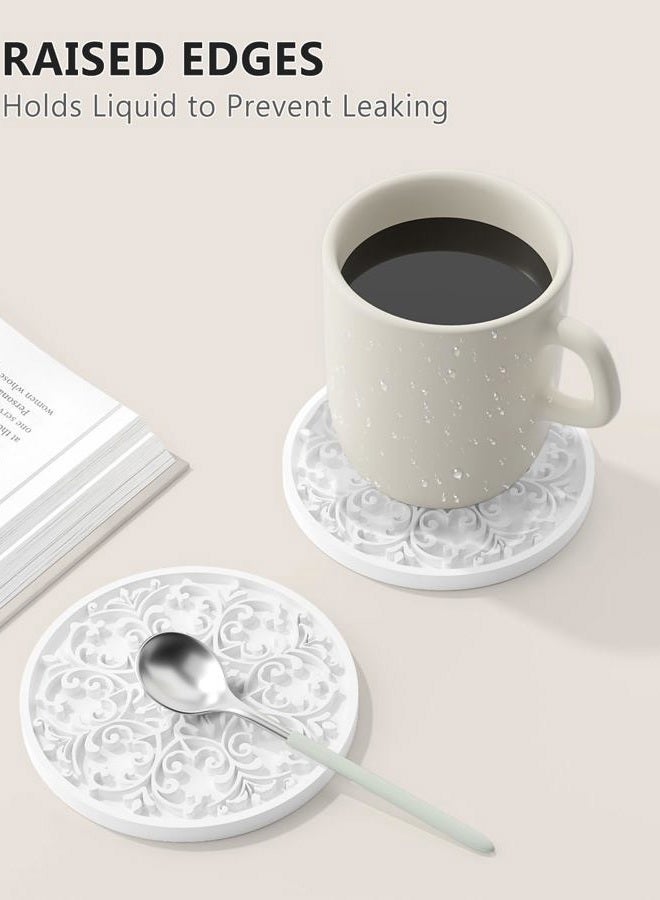 Aiawoxc Drink Coasters, Coasters Set of 6 for Cup with Holder, Non-Slip Silicone Cup Mats for Hot and Cold Drinks, Cute Absorbent Coffee Bar Accessories Table Decor, White - Image 3
