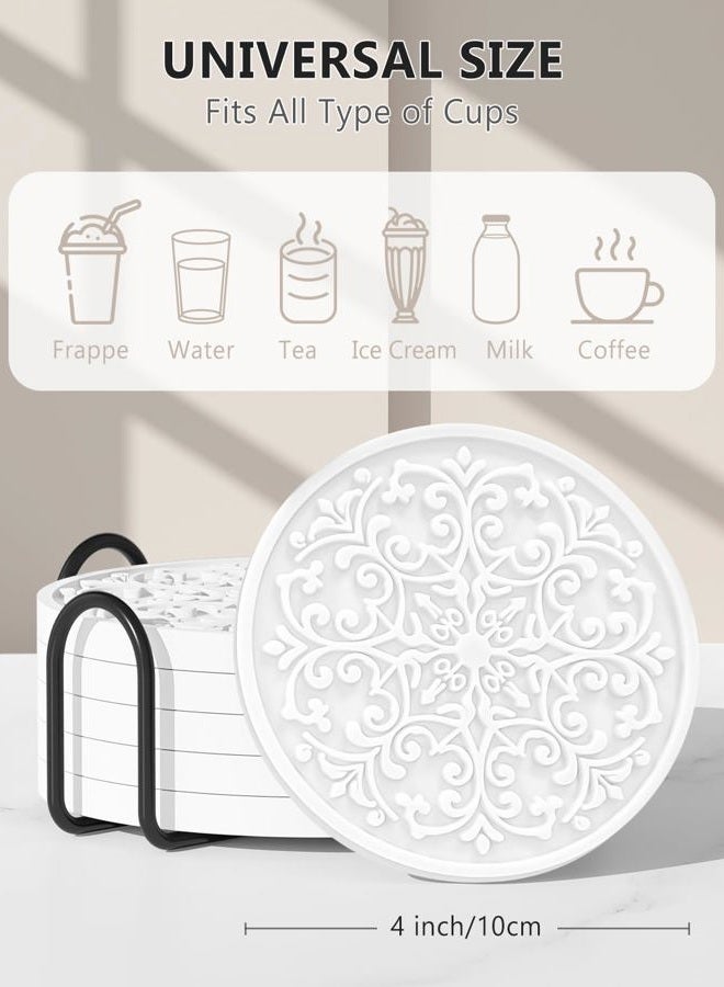 Aiawoxc Drink Coasters, Coasters Set of 6 for Cup with Holder, Non-Slip Silicone Cup Mats for Hot and Cold Drinks, Cute Absorbent Coffee Bar Accessories Table Decor, White - Image 2
