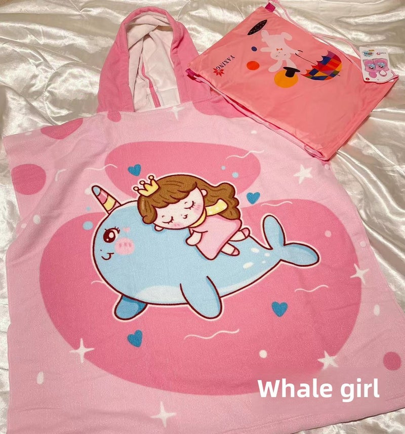 Kids Hooded Bathrobe Cape Large Quick-Dry Towel Whale girl comes with a storage backpack (70*150cm suitable for 5-15 years old) 
