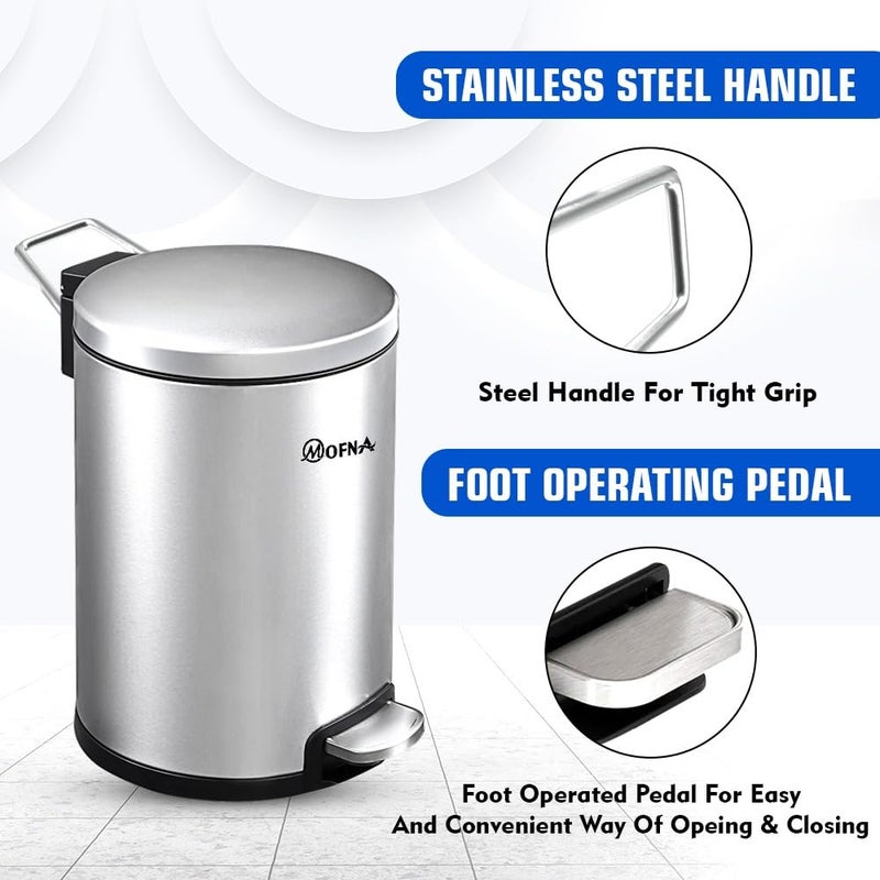 mofna Stainless Steel Pedal Dustbin Foot Operated Dustbin Trashcan Papper Bin Trash Barrel Wastebasket For Kitchen Office Bathroom Home 7x10 Inch 5 lIter Silver - Image 4
