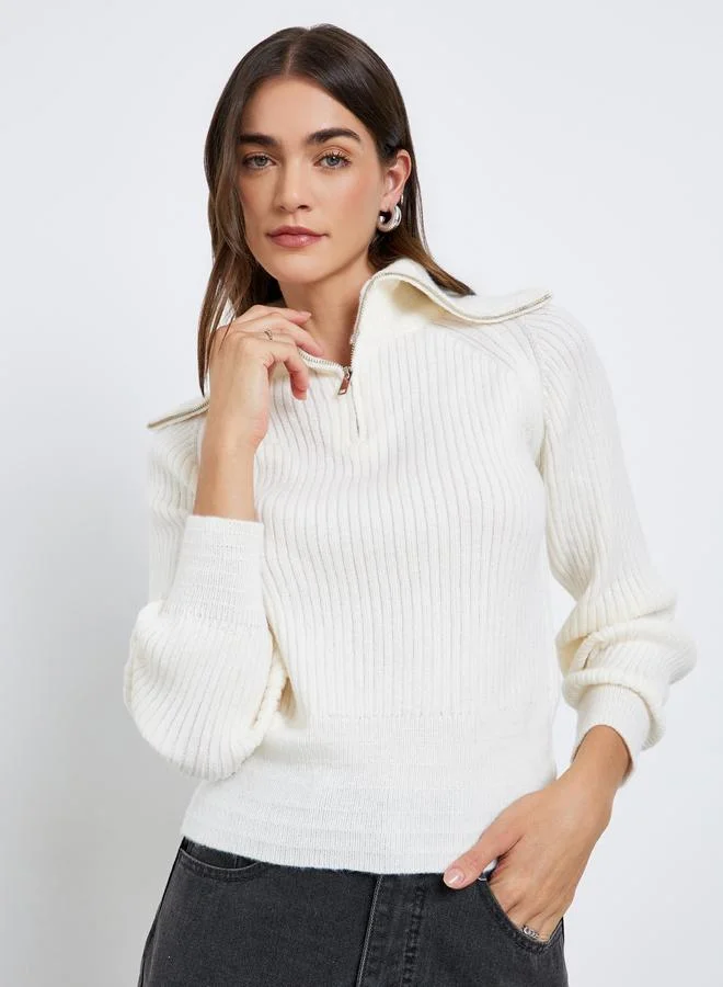 Styli Styli Off White Ribbed Knit Top With Half Zip