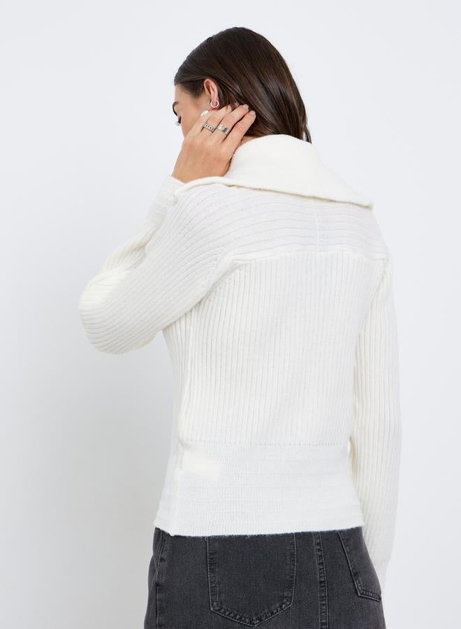 Styli Off White Ribbed Knit Top With Half Zip - Image 4