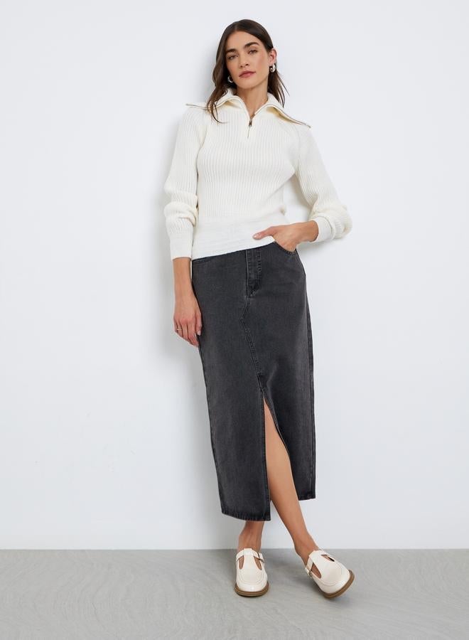 Styli Off White Ribbed Knit Top With Half Zip - Image 2