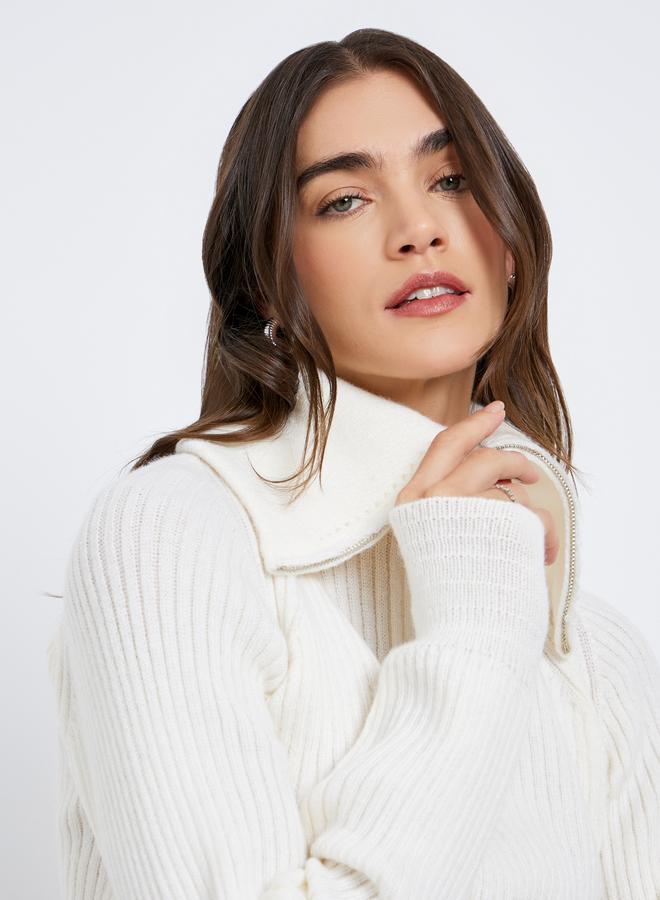 Styli Off White Ribbed Knit Top With Half Zip - Image 1