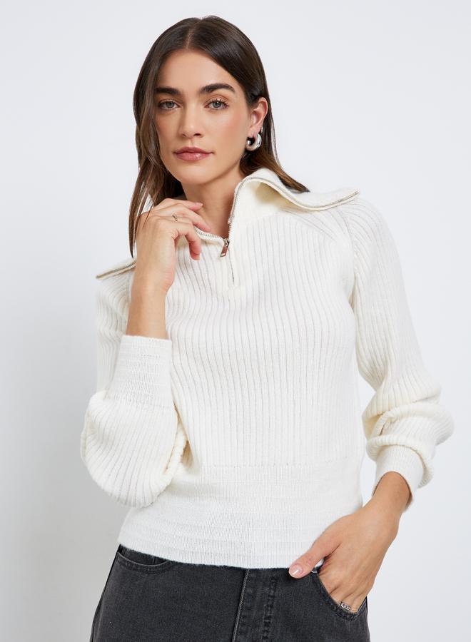 Styli Off White Ribbed Knit Top With Half Zip - Image 3