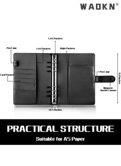 WAOKN PU Leather Binder 6-Ring Notebook Binder Cover for A5 Filler Paper, Refillable A5 Loose Leaf Macaron Cash Budget Notebook Savings Account Notebook with Magnetic Buckle Closure,Black  - Image 4