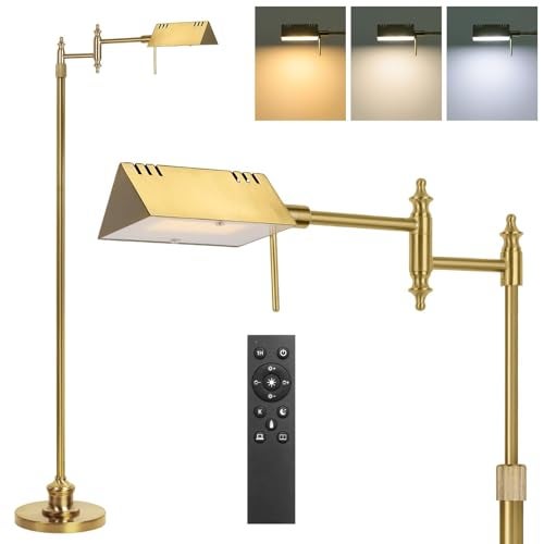 Bairth Dimmable Pharmacy Floor Lamp with Remote, 17W Gold LED Reading Floor Lamp with 360°Swing Arm, 3 Color Temperature, Height Adjustable Standing Task Lamp for Living Room, Bedroom, Office, Antique Brass - Image 1