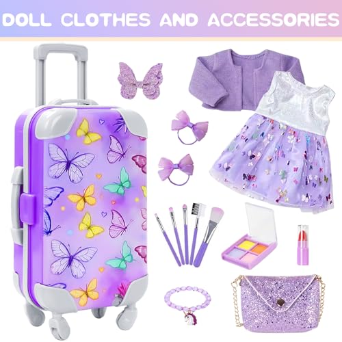 DONTNO American 18 Inch Doll Accessories with Travel Suitcase Makeup Play Set and ClothesShoulder BagEye Shadow PlateButterfly HairpinBraceletLipstickHair TieEyelash BrushNo Doll and Shoes - Image 5