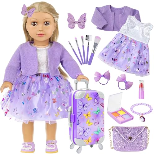 DONTNO American 18 Inch Doll Accessories with Travel Suitcase Makeup Play Set and ClothesShoulder BagEye Shadow PlateButterfly HairpinBraceletLipstickHair TieEyelash BrushNo Doll and Shoes - Image 1