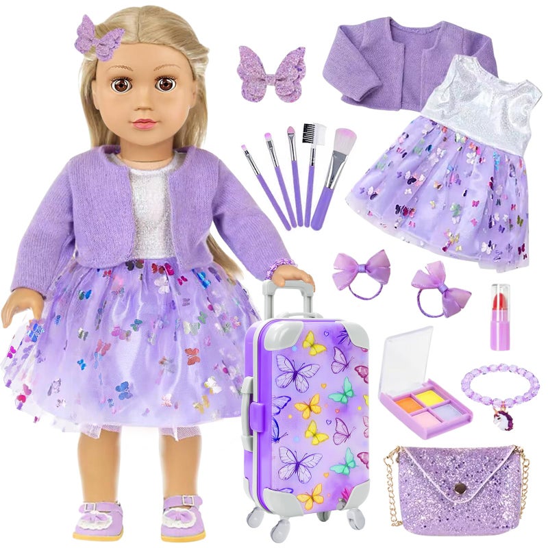 DONTNO American 18 Inch Doll Accessories with Travel Suitcase Makeup Play Set and ClothesShoulder BagEye Shadow PlateButterfly HairpinBraceletLipstickHair TieEyelash BrushNo Doll and Shoes - Image 3