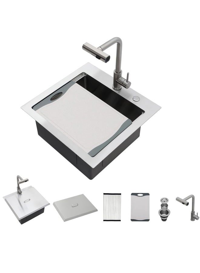 Lordear 21" x 20" Outdoor Kitchen Workstation Sink with Pull Out Faucet 16 Gauge Stainless Steel Bar Prep Sink - Image 1