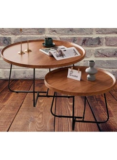 Generic R Coffee Table Nesting - Set of 2 Side Set  Circular and Marble Pattern Wooden Industrial Tables  - Image 1