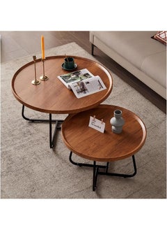 Generic R Coffee Table Nesting - Set of 2 Side Set  Circular and Marble Pattern Wooden Industrial Tables  - Image 5