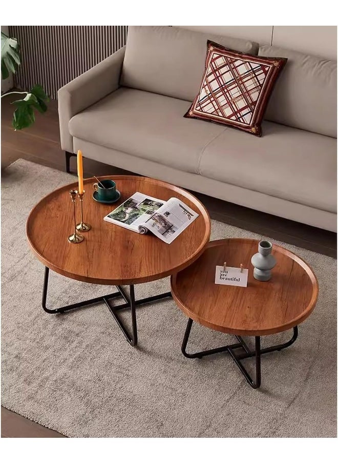 Generic - R Coffee Table Nesting - Set of 2 Side Set  Circular and Marble Pattern Wooden Industrial Tables - Image 1