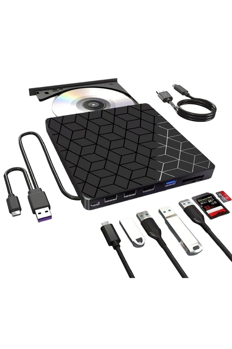 Portable External CD/DVD Drive, 7-in-1USB 3.0 Slim Portable CD/DVD Burner, CD ROM Player, External Drive with with 4 USB Ports and 2 SD Card Slots | Plug & Play for Windows 11/10/8/7, Mac OS, Linux (BLACK) - Image 1