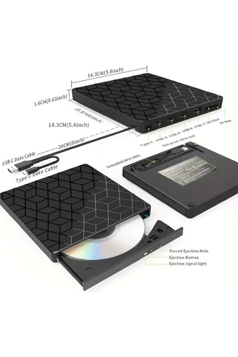 Portable External CD/DVD Drive, 7-in-1USB 3.0 Slim Portable CD/DVD Burner, CD ROM Player, External Drive with with 4 USB Ports and 2 SD Card Slots | Plug & Play for Windows 11/10/8/7, Mac OS, Linux (BLACK) - Image 2
