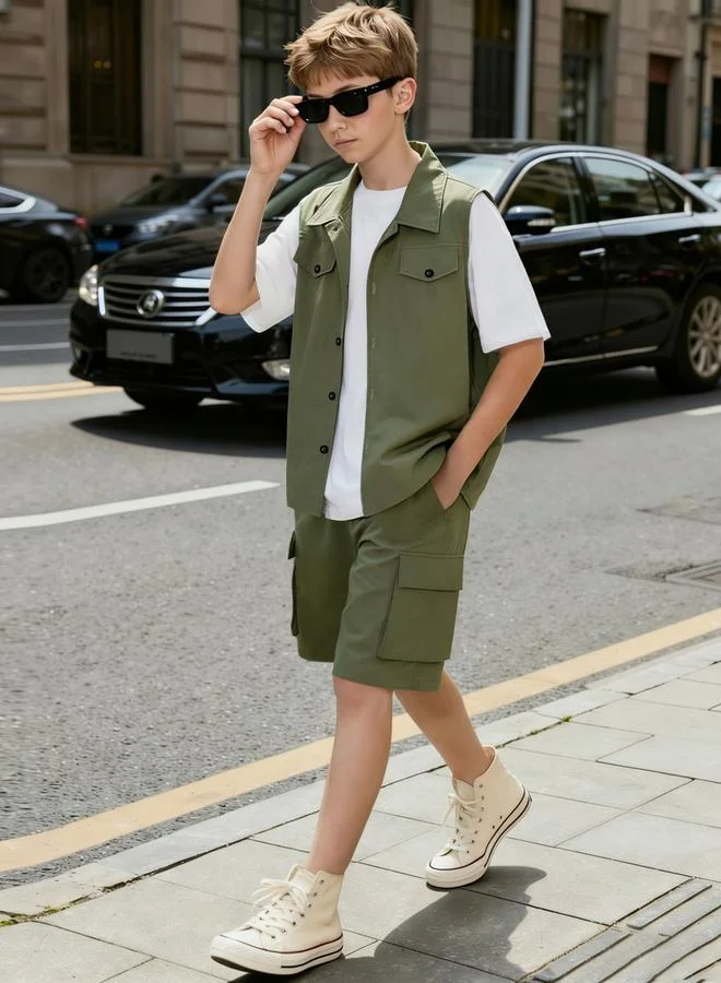 تايك تو مجموعة من تيشيرت وجاكيت بلا أكمام وشورت كارجو 3 قطع