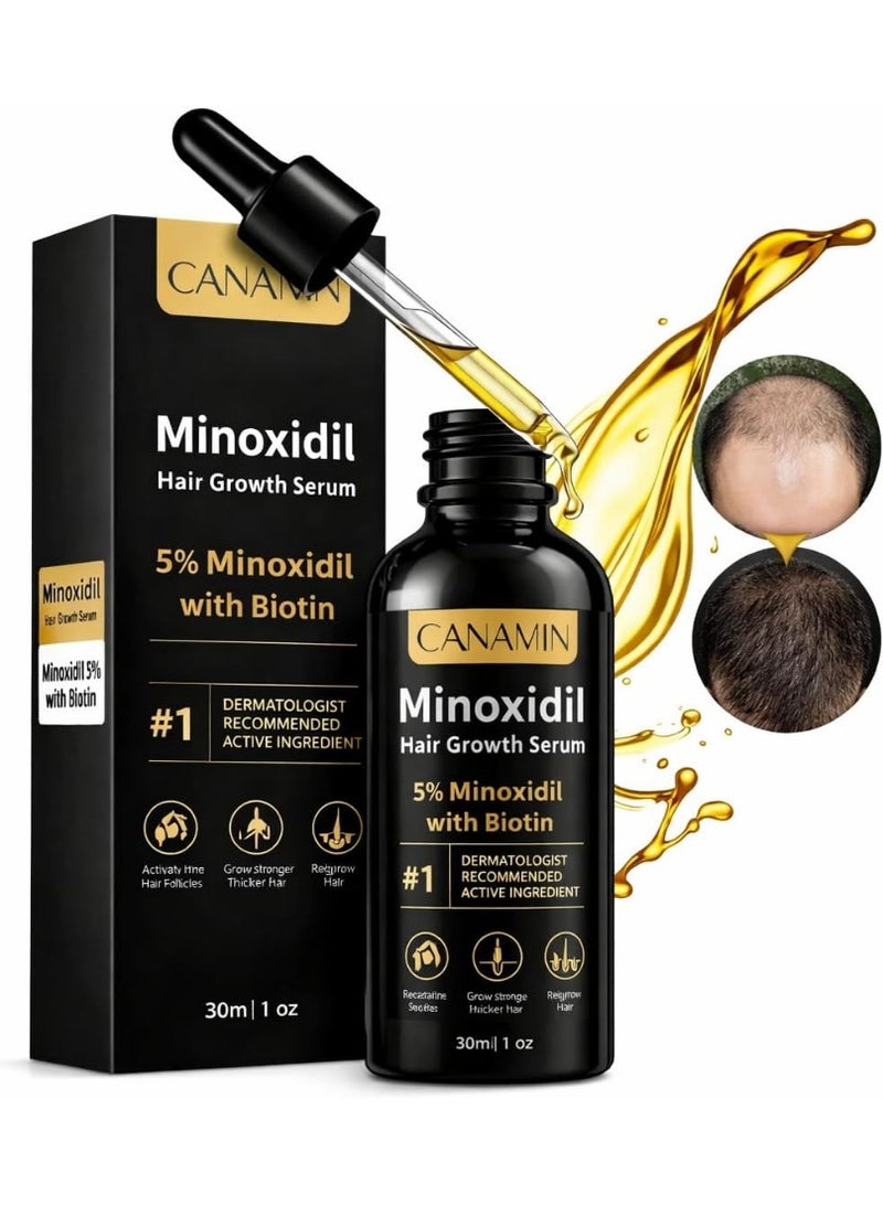 CANAMIN 5% Minoxidil Hair Growth Serum for Men and Women, Hair Regrowth Treatment for Stronger, Thicker, and Longer Hair, Facial Hair Grooming and Thickening Solution - Image 1