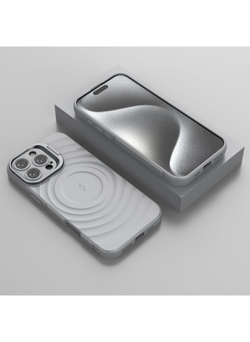 غطاء حمايه لهاتف ايفون 16 برو ماكس جراب ارمور مغناطيسي ياتي بحواف مرتفعة حول الشاشة وعدسة الكاميرا تساعد على منع الخدوش معا استاند للكاميرا - رمادي - Image 2