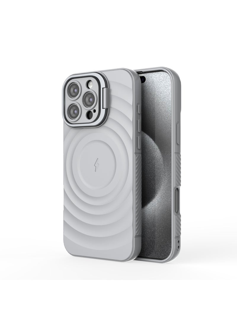 غطاء حمايه لهاتف ايفون 16 برو ماكس جراب ارمور مغناطيسي ياتي بحواف مرتفعة حول الشاشة وعدسة الكاميرا تساعد على منع الخدوش معا استاند للكاميرا - رمادي - Image 4