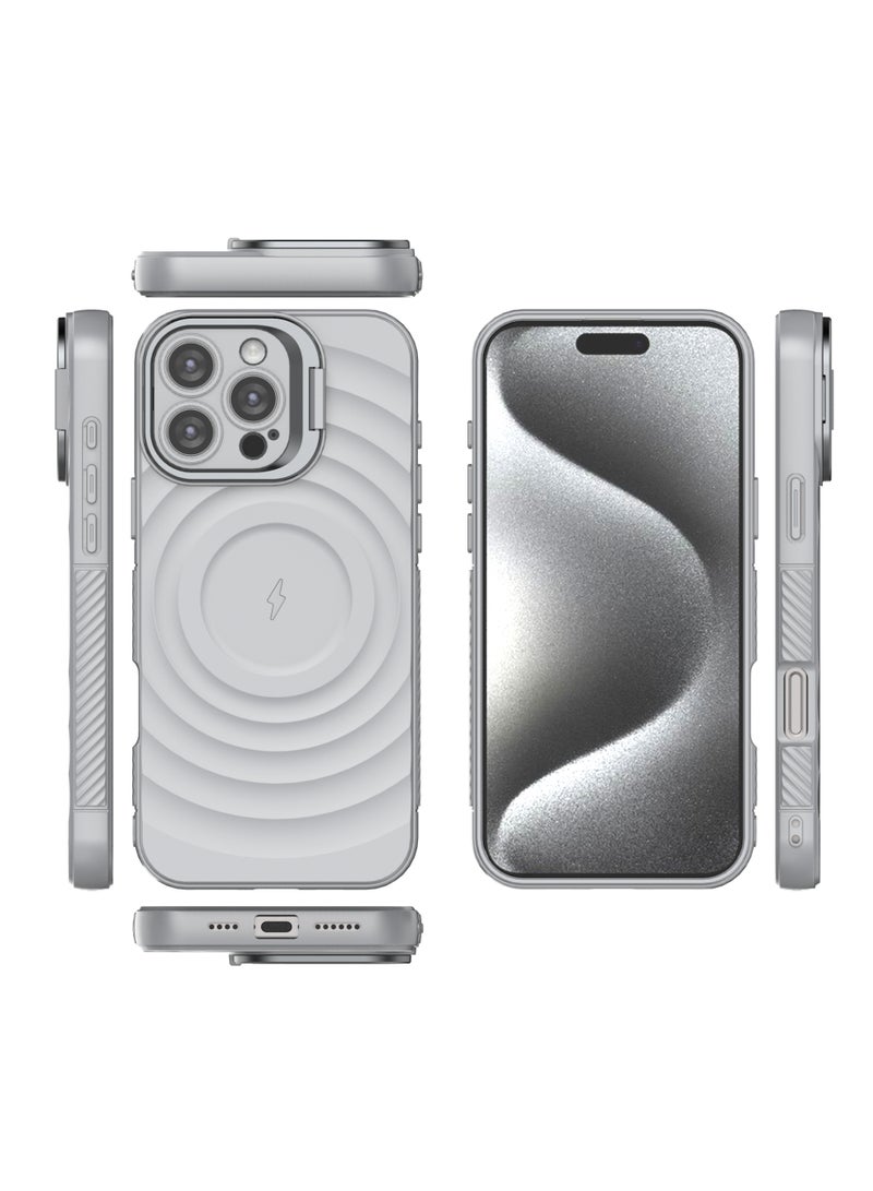 غطاء حمايه لهاتف ايفون 16 برو ماكس جراب ارمور مغناطيسي ياتي بحواف مرتفعة حول الشاشة وعدسة الكاميرا تساعد على منع الخدوش معا استاند للكاميرا - رمادي - Image 3