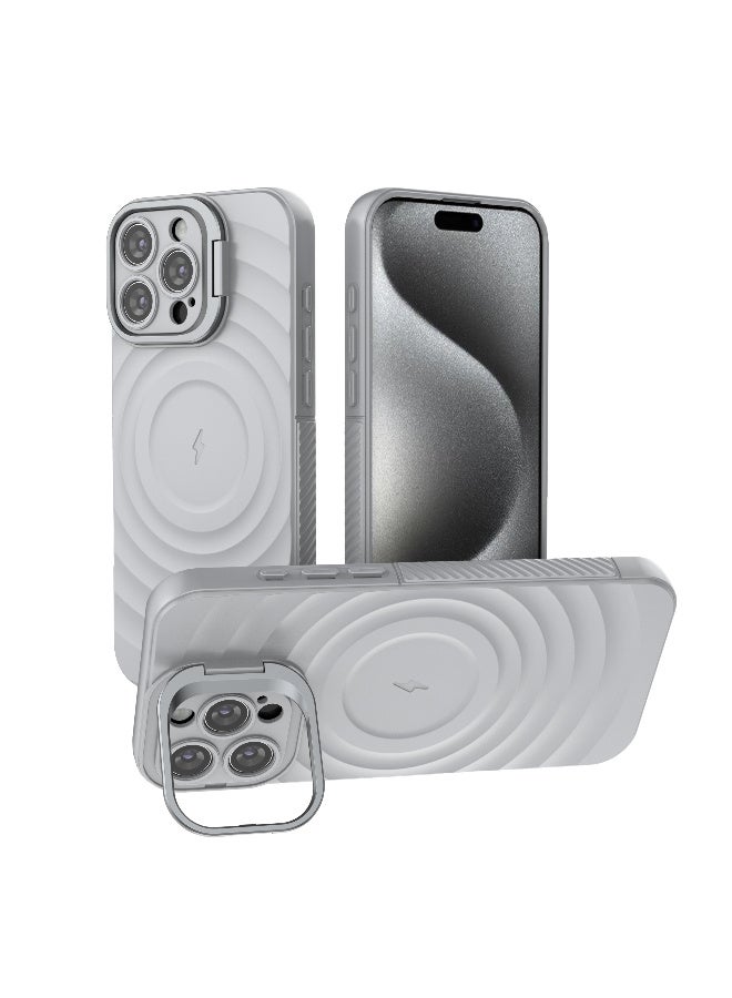 غطاء حمايه لهاتف ايفون 16 برو ماكس جراب ارمور مغناطيسي ياتي بحواف مرتفعة حول الشاشة وعدسة الكاميرا تساعد على منع الخدوش معا استاند للكاميرا - رمادي - Image 1